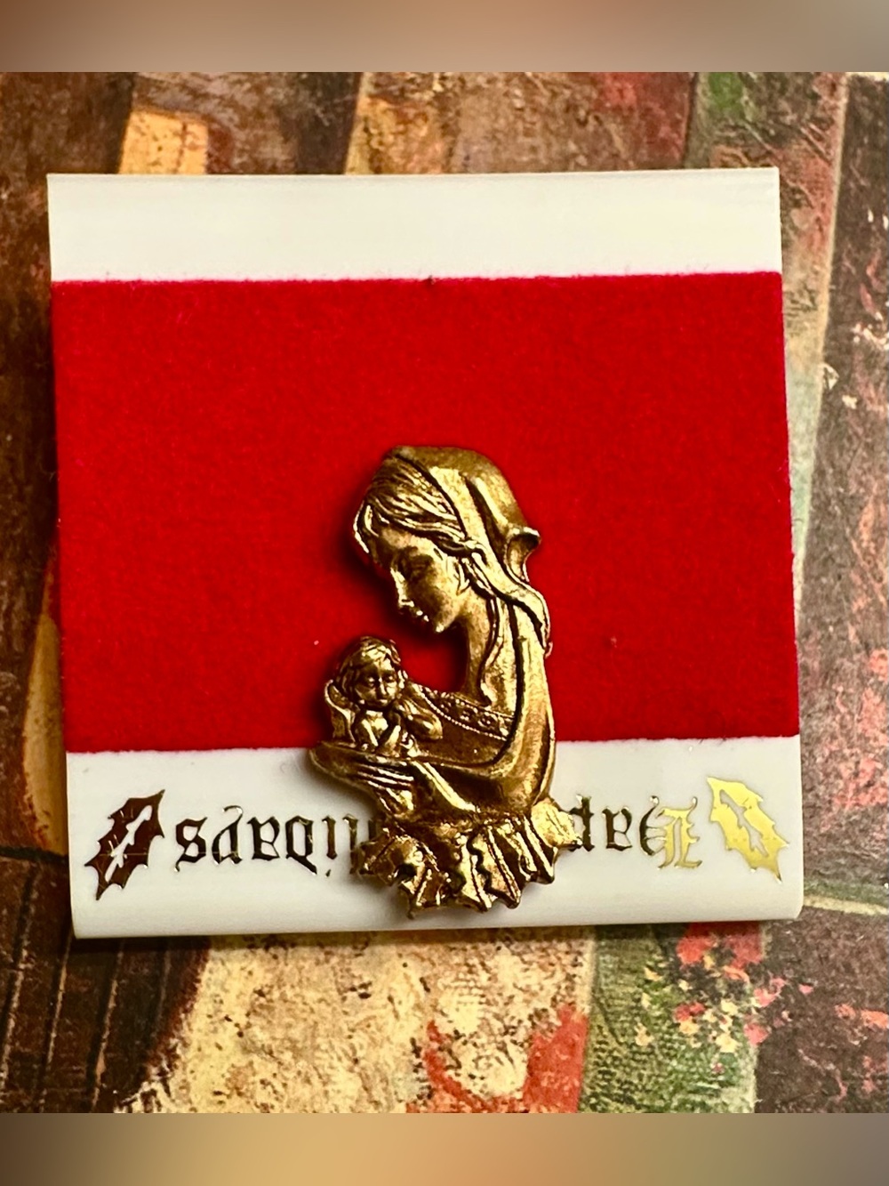 Gold Madonna and Child Religious Pin - Gold Tone